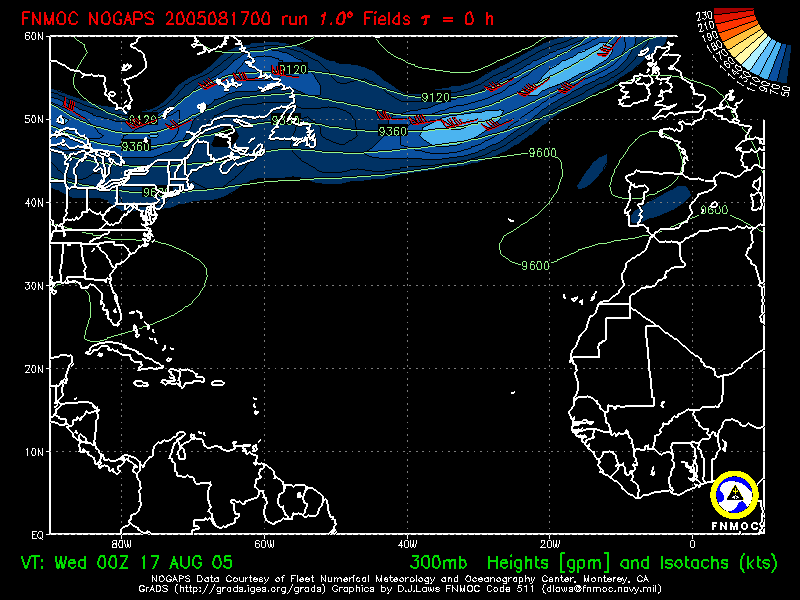 product: 300hPa Heights [m] and Isotachs [kts], area: Atlantic, tau: 000 